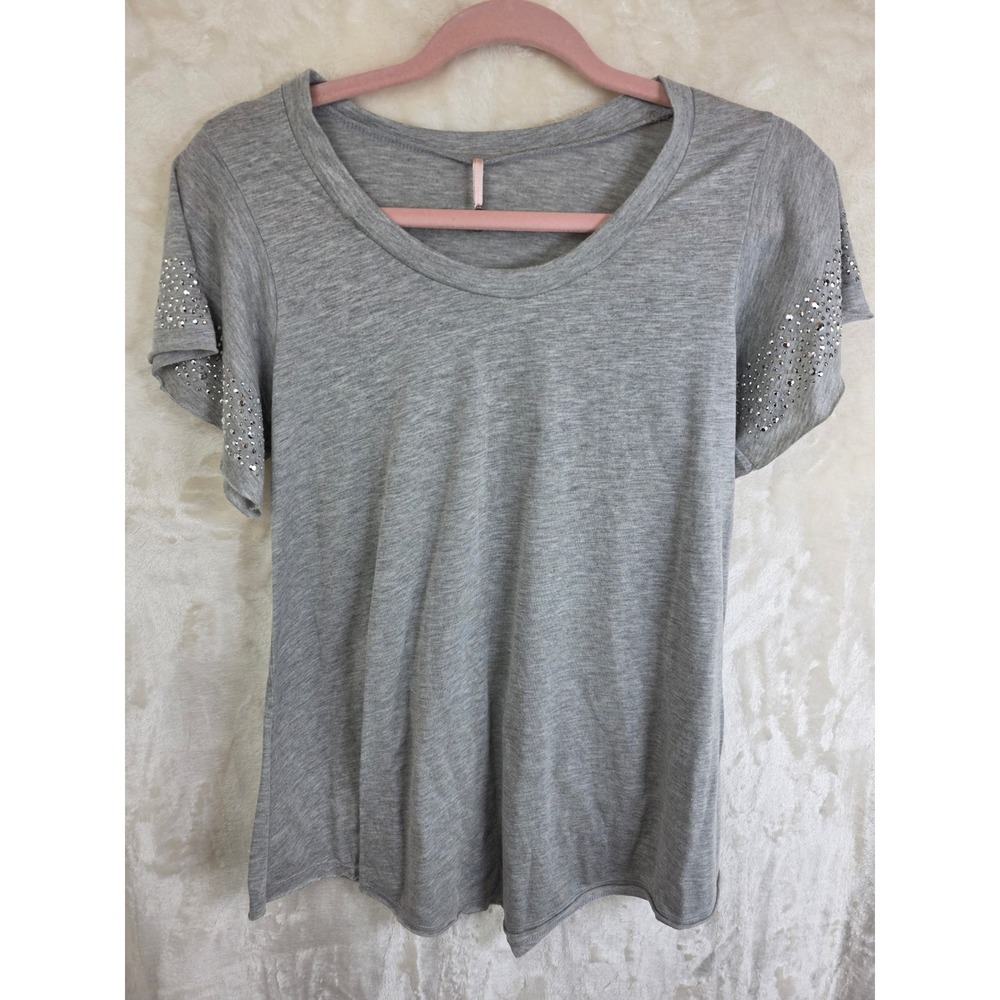 Robin K Women Gray Rhinestone Embellished Short Sleeve Scoop Neck Top LAK11596 M